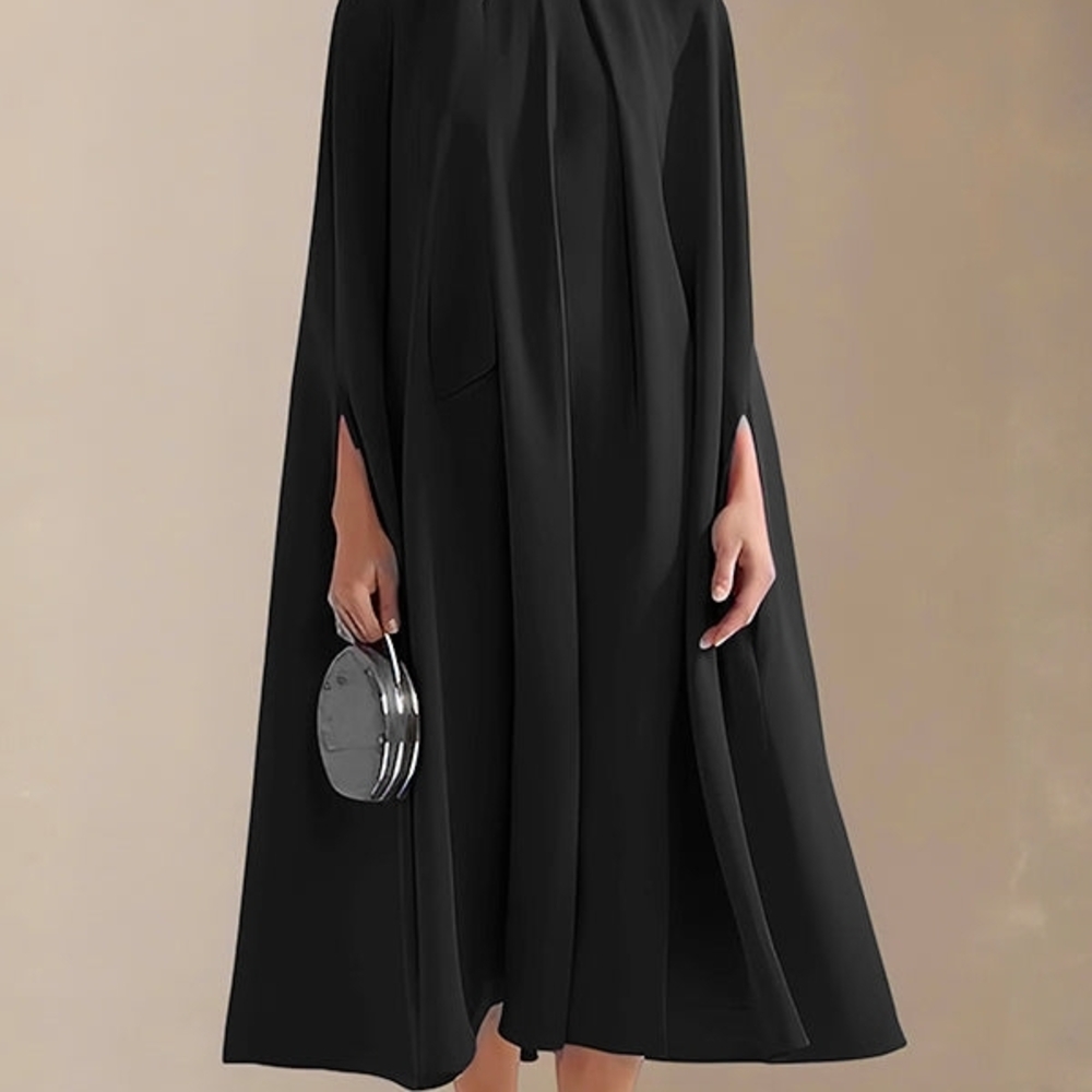 Cape-Sleeve Midi Dress in Black